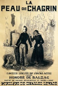 Poster voor Le peau de chagrin, komische opera, libretto door Pierre Decourcelle en Michel Carre, muziek door Charles Levade, naar roman van Honore De Balzac, tekening door Tony Johannot