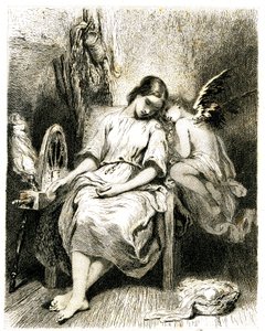 Jonge vrouw (spinner) slapend bij haar wiel - een engel leunt over haar schouder - slaap - droom - mijmering - liefde - gravure (ets 1845) door Tony Johannot (Antoine Johannot genoemd) door Tony Johannot