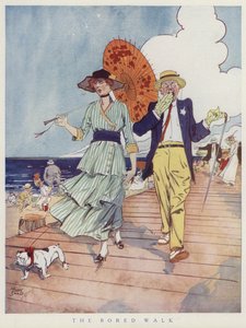 Koppel op de promenade, verveeld van elkaars gezelschap (kleur litho) door Tony Sarg