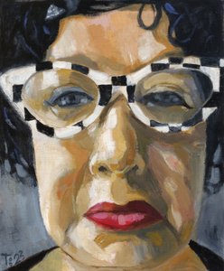 Portret met een bril met ruitjespatroon door Tore Bahnson