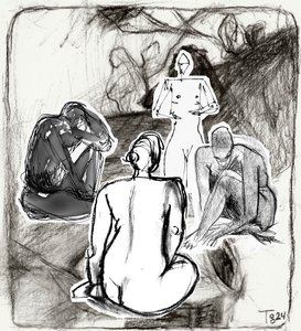 Schets van contemplatieve figuren door Tore Bahnson