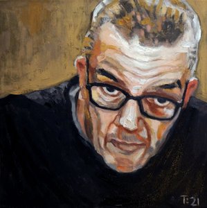 Schilderij van een man met een bril door Tore Bahnson