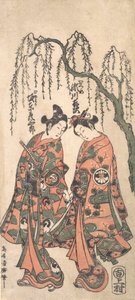 Jonge geliefden onder een hangende wilg, hun handen ineengestrengeld, hun hoofden gebogen, 1754 door Torii Kiyohiro