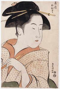Een borstbeeldportret van Ohisa van de Takashimaya met een tabakspijp door Torii Kiyomasa