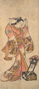 Sanjo Kantaro als een vrouw die haar haar voor een lakspiegel arrangeert, voor 1763 door Torii Kiyomasu II.
