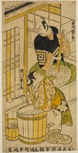 De Acteur Ichikawa Danjuro II als Kenkaya Gorouemon en Segawa Kikunojo I als Osen in het stuk "Hatsugoyomi Akinai Soga," uitgevoerd in het Nakamura Theater in de eerste maand, 1732