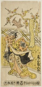 De acteur Onoe Kikugoro I als Tokiwa in het stuk "Tonozukuri Genji Junidan," uitgevoerd in het Ichimura Theater in de elfde maand, 1744 door Torii Kiyomasu II
