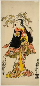 De acteur Sanjo Kantaro II als een waanzinnige vrouw in het stuk "Kabuto Goban Tadanobu," uitgevoerd in het Nakamura Theater in de elfde maand, 1728 (?)