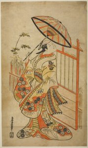 De Acteur Sanogawa Mangiku I als Sanada, de dochter van de spinner Itoya, in het stuk "Hiragana Yomeiri Izu Nikki," uitgevoerd in het Nakamura Theater in de elfde maand, 1718