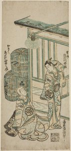 De acteurs Sanogawa Ichimatsu I als Kosoke en Arashi Tominosuke I als Okiku door Torii Kiyomasu II