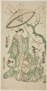 De acteurs Sanogawa Ichimatsu I als Soga no Goro en Ikushima Daikichi II als Kewaizaka no Shosho in het stuk "Monzukushi Nagoya Soga," opgevoerd in het Ichimura Theater in de eerste maand, 1748 door Torii Kiyomasu II