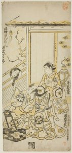 De acteurs Tamazawa Saijiro I als Oiso no Tora en Ichimura Uzaemon VIII als Soga no Juro in het stuk "Haru wa Akebono Kuruwa Soga," uitgevoerd in het Ichimura Theater in de eerste maand, 1743 door Torii Kiyomasu II