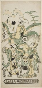 De acteurs Tamazawa Saijiro I als Ushiwakamaru, Segawa Kikunojo I als Oroku, en Otani Oniji I als Matano Goro in het stuk "Sazareishi Suehiro Genji," uitgevoerd in het Nakamura Theater in de eerste maand, 1744 door Torii Kiyomasu II