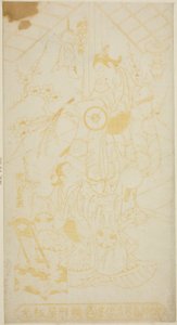 De acteurs Tamazawa Saijiro I als de page Umezaburo en Segawa Kikunojo I als Oroku in het stuk "Sazareishi Suehiro Genji," opgevoerd in het Nakamura Theater in de eerste maand, 1744