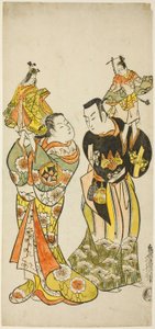 De acteurs Yamashita Kinsaku I en Hayakawa Hatsuse als poppenspelers in het stuk "Dagboek van een reis over zee naar Izu" ("Funadama Izu Nikki"), uitgevoerd in het Nakamura Theater in de eerste maand, 1725 door Torii Kiyomasu II