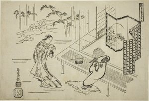 De acteurs Nakamura Takesaburo I als Kewaizaka no Shosho en Ichikawa Danjuro II als Soga no Goro verkleed als een komuso in het stuk 