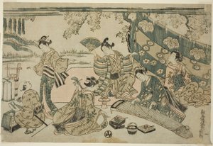 Een picknick onder kersenbomen door Torii Kiyomitsu I