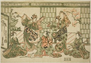 Entertainers die de stokpaarddans uitvoeren door Torii Kiyomitsu I