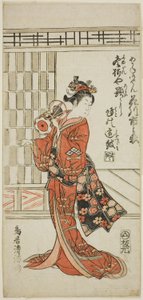 De acteur Hanagawa Ichinojo als Akane Gozen in het toneelstuk "Okunizome Shusse Butai," opgevoerd in het Ichimura Theater in de elfde maand, 1759 door Torii Kiyomitsu I