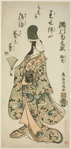 De acteur Segawa Kikunojo II als Shirabyoshi Renri in het toneelstuk "Imayo Dojoji" opgevoerd in het Ichimura Theater in de elfde maand, 1756 door Torii Kiyomitsu I