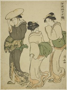 Een Vrouw en Twee Dienstmeiden, uit de serie "Een Spiegel van Vrouwelijke Manieren (Onna fuzoku masu kagami)" door Torii Kiyonaga