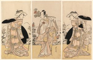 Bando Mitsugoro II als Tennen no Mansaku-kitsune en Ichikawa Monnosuke III als Nikaido Shinanonosuke en Iwai Hanshiro IV als Okura no Kojoro-kitsune in de scène uit het drama Moto Mishi Yuki Sakae Hachi-no-ki door Torii Kiyonaga