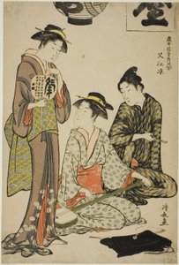 Afkoelen bij Nakasu (Nakasu no suzumi), uit de serie "Een verzameling hedendaagse schoonheden van de plezierwijken (Tosei yuri bijin awase)" door Torii Kiyonaga