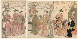 Courtisanes en hun Kinderbedienden onder Bloeiende Kersenbomen door Torii Kiyonaga
