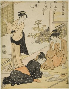Ontdek het adres van de minnaar van een echtgenoot, uit de serie "Een verzameling humoristische gedichten (Haifu yanagidaru)". door Torii Kiyonaga