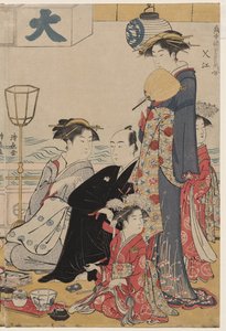 Vermaak op een balkon bij het water in Nakasu, uit de serie, Een verzameling van mooie moderne vrouwen van de plezierwijken door Torii Kiyonaga