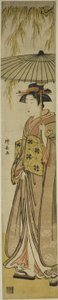 Geisha met een parasol onder een wilgenboom door Torii Kiyonaga