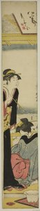 Geisha en dienstmeid op een balkon met uitzicht op de baai door Torii Kiyonaga