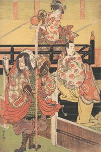 Op een balkon zit een vrouw die een tsuzumi speelt, beneden een man in daimyo-kostuum, ca. 1790 door Torii Kiyonaga