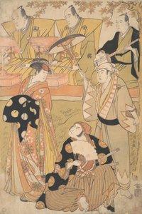 Onoe Matsusuke I als een Oiran staat links, pratend met Nakamura Nakazo I als een Sam...