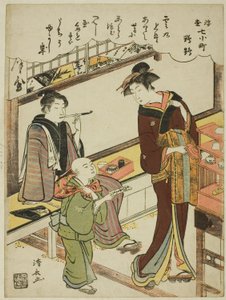 Papegaai (Omu), uit de serie "Versies van de zeven Komachi van de drijvende wereld (Ukiyo Nana Komachi)" door Torii Kiyonaga