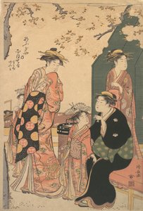 Portret van de courtisane Nioteru van de Ogiya, met haar twee bedienden Namiji en Ao door Torii Kiyonaga