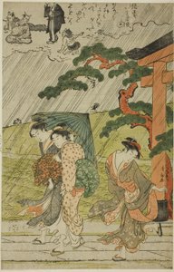 Plotselinge regenbui bij Mimeguri-schrijn door Torii Kiyonaga