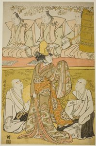 De acteur Nakamura Nakazo I als de Shirabyoshi Katsuragi, Matsumoto Koshiro IV als de monnik Meigetsubo, en Otani Hiroji III als de monnik Izayoibo, in het stuk 