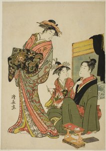 De acteur Nakamura Riko met een courtisane, uit een ongetitelde serie aiban-prenten die acteurs in hun privéleven afbeelden door Torii Kiyonaga