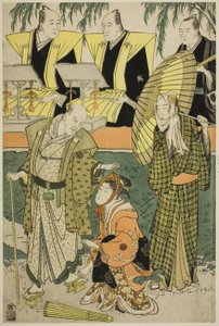 De acteurs Bando Matakuro IV als Chubei, Osagawa Tsuneyo II als Umegawa, en Nakamura Katsugoro als Magoemon, in het stuk "Keisei Koibikyaku," uitgevoerd in het Morita Theater in de vijfde maand, 1783 door Torii Kiyonaga