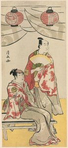 De Acteurs Ichikawa Monnosuke II en Segawa Kikunojo III, uit een pentaptych van elf acteurs die het festival van het heiligdom van de Soga-broers vieren door Torii Kiyonaga