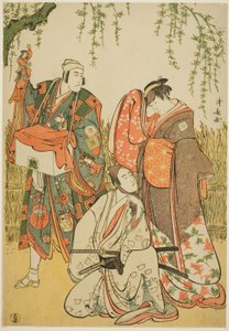 De acteurs Ichikawa Yaozo III als Shiragiku, Ichikawa Danjuro V als de poppenspeler Dekurokubei, en Sawamura Sojuro III als Soga no Juro, in de joruri "Shinobukoi Yanagi no Katsura Otoko," uitgevoerd in het Nakamura Theater in de eerste maand, 1785 door Torii Kiyonaga