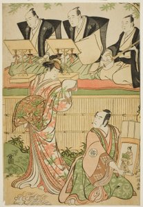 De Acteurs Matsumoto Koshiro IV als Ukita Sakingo en Sawamura Sojuro III als de geest van de courtisane Takao, in het stuk "Ominaeshi Sugata no Hatsuaki," opgevoerd in het Nakamura Theater, 1788 door Torii Kiyonaga