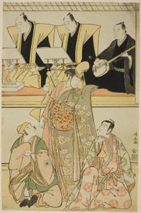 De Acteurs Nakayama Kojuro VI (Nakamura Nakazo I) als Chidori, Sawamura Sojuro III als Shigemori, en Ichikawa Yaozo III als Yoshibei, in de shosa "Fukyoku Edo Geisha," uitgevoerd in het Nakamura Theater in de elfde maand, 1785