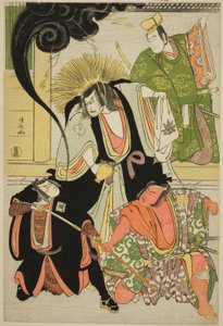 De Acteurs Nakayama Kojuro VI (Nakamura Nakazo I) als Hatchotsubute no Kiheiji, Otani Hiroji III als Miura Arajiro, Ichikawa Yaozo III als Akugenta Yoshihira, Sawamura Sojuro III als Taira no Shigemori, in de shosa "Fukyoku Edo Geisha," uitgevoerd in de Na
