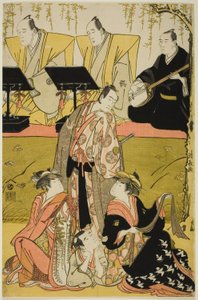 De acteurs Sawamura Sojuro III als Soga no Juro, Osagawa Tsuneyo II als Oiso no Tora, Azuma Tozo III als Miura Katagai, en Otani Tokuji I als Danzaburo, in de joruri "Chidorigake Koi no Tamaboko," uitgevoerd in het Ichimura Theater in de eerste maand, 1784