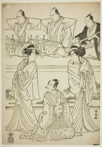 De acteurs Segawa Kikunojo III als de geest van Yatsuhashi, Sawamura Sojuro III als Soga no Juro, en Ichikawa Danjuro V als de geest van Seigen, in het stuk "Sono Omokage Matsu ni Sakura," opgevoerd in het Nakamura Theater in de eerste maand, 1783