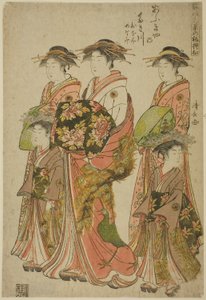 De Courtisane Takigawa van de Ogiya met Haar Bedienden Onami en Menami, uit de serie "Modellen voor Mode: Nieuwe Ontwerpen zo Fris als Jonge Bladeren"
