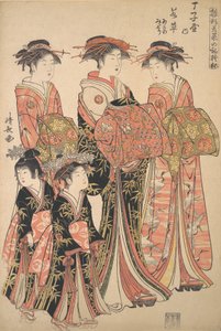 De Courtisane Wakakusa van het Chojiya Bordeel, en Bedienden Asano en Midori, ca. 1783 door Torii Kiyonaga