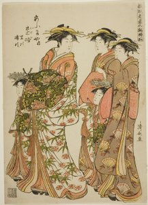 De Courtisane Toji van de Ogiya met Haar Begeleiders Satoji en Uraji, uit de serie "Modellen voor Mode: Nieuwe Ontwerpen zo Fris als Jonge Bladeren" door Torii Kiyonaga